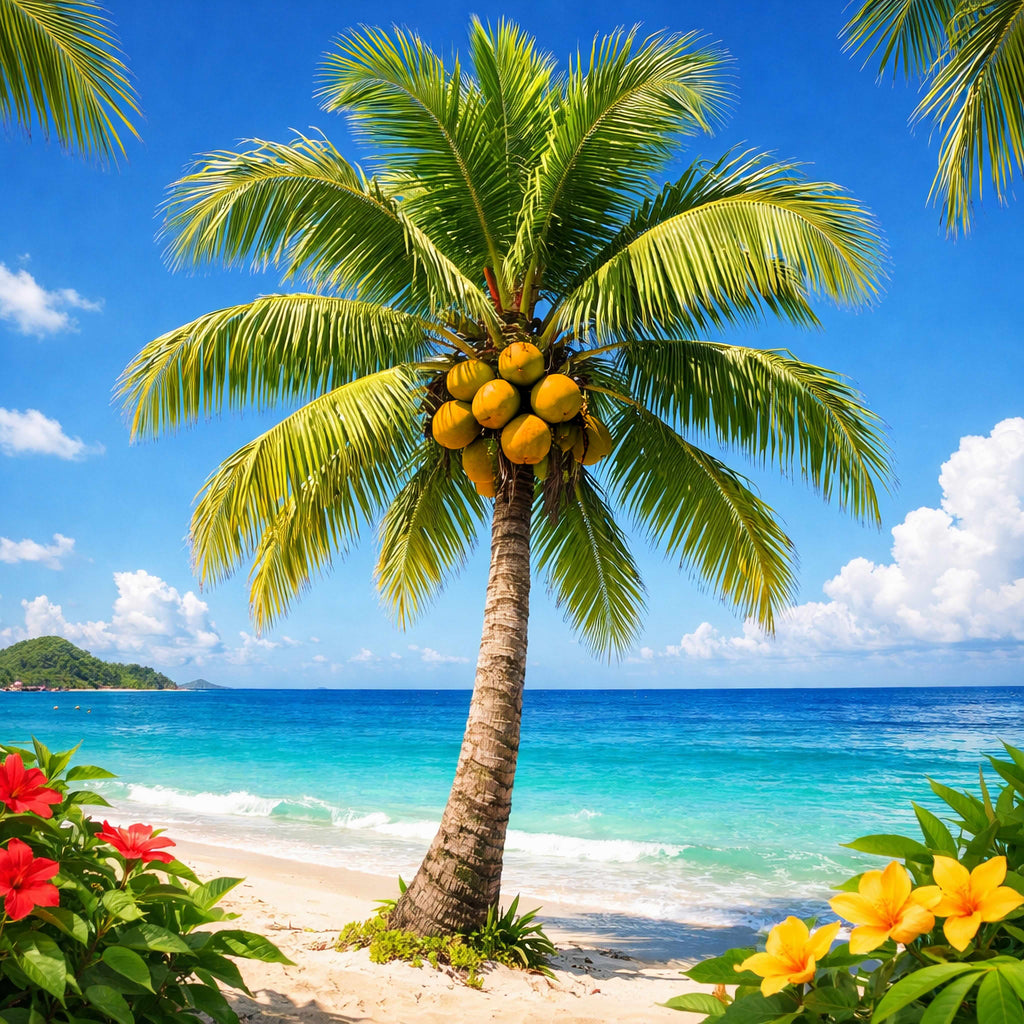 Coconut palm tree with fruits on a tropical beach with clear blue water and sky.